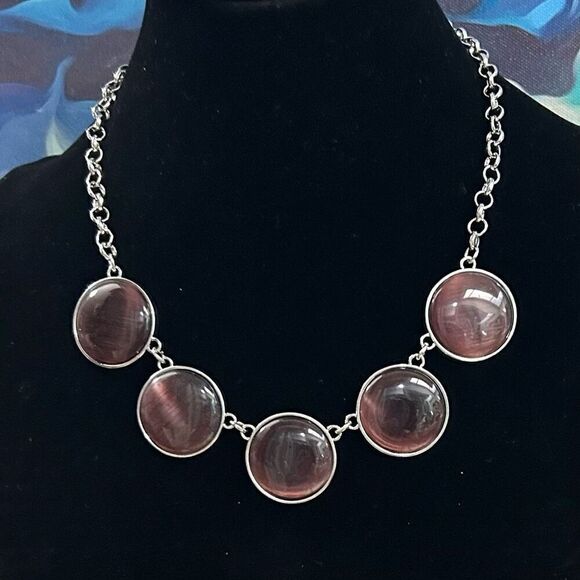 Lovely Cat's Eye Stone Necklace Deep Purple Silver-tone Chain Adjustable - Picture 2 of 7